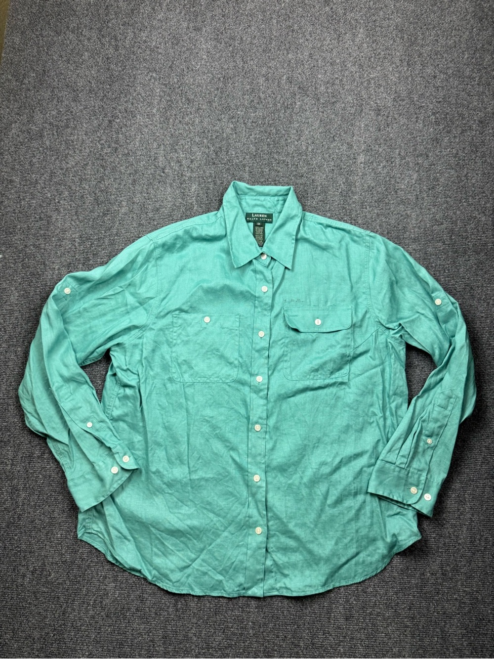 Lauren Ralph Lauren Shirt Womens 1X Turquoise Linen Button Up Chest Pockets